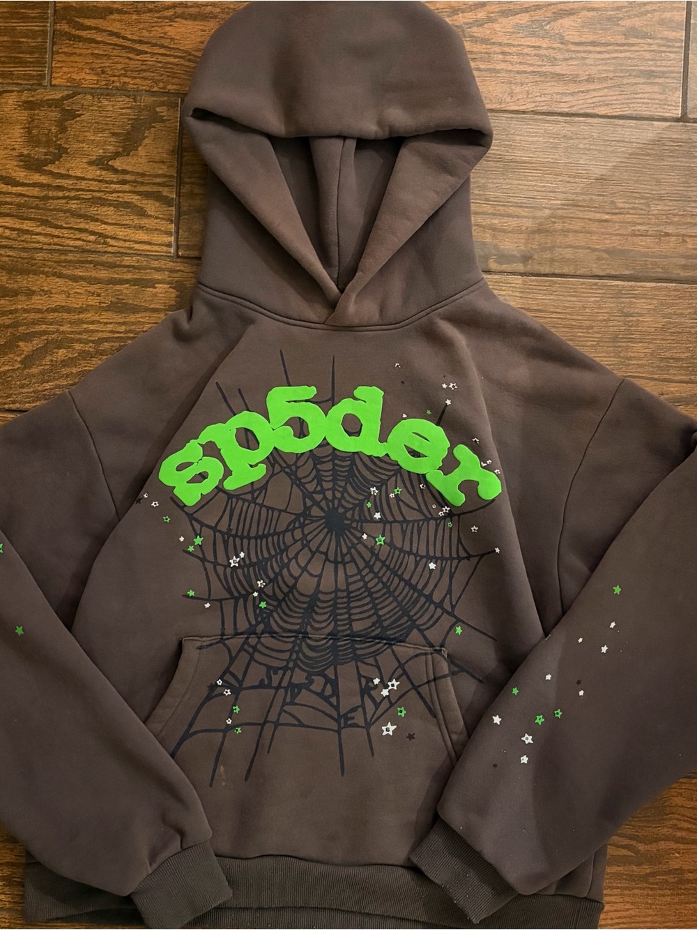 Men's Brown Spider Web Graphic Hoodie with Neon Green Logo